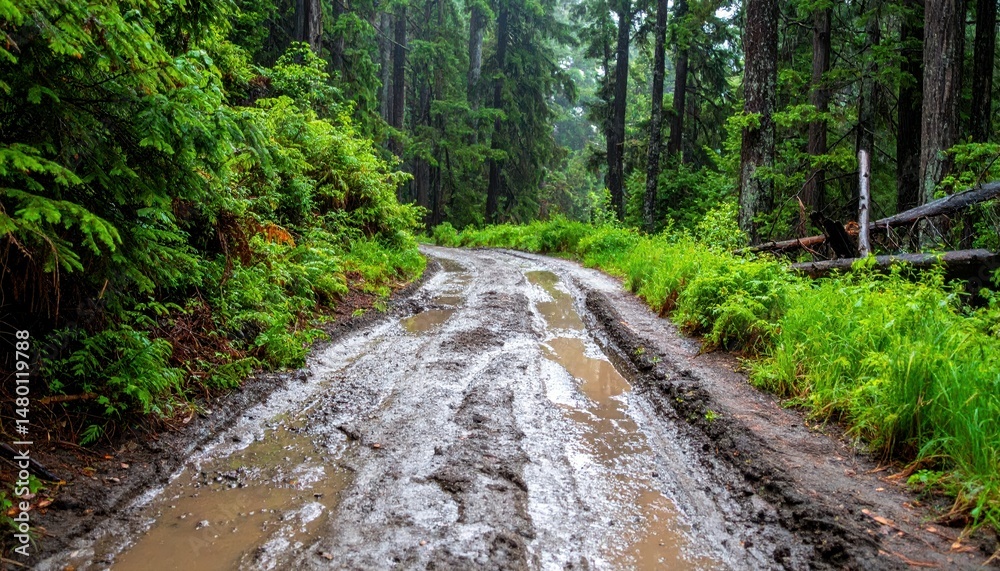 Naklejka premium Scenic Muddy Road Through Lush Green Forest with Misty Vibes