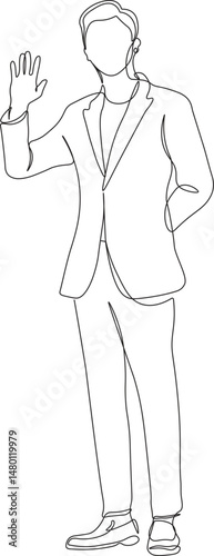 Handsome man standing posing waving hand sketched in one continuous line drawing. Minimalist businessman illustration isolated on white background