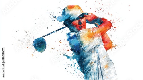 Watercolor illustration of a golfer swinging a club, featuring vibrant splashes of color and dynamic motion.