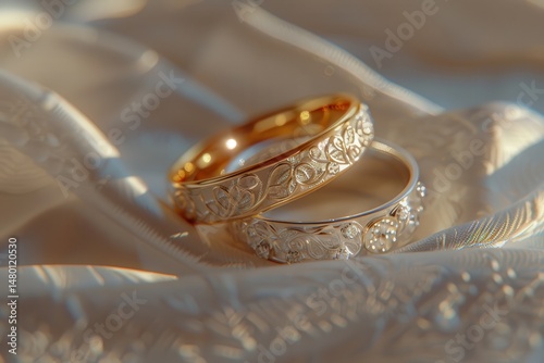 A pair of elegant wedding rings, one gold and one silver, intricate engraving 