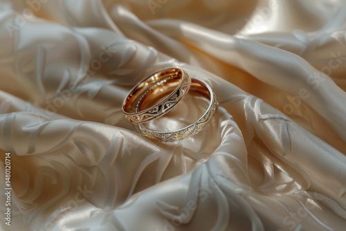 A pair of elegant wedding rings, one gold and one silver, intricate engraving 