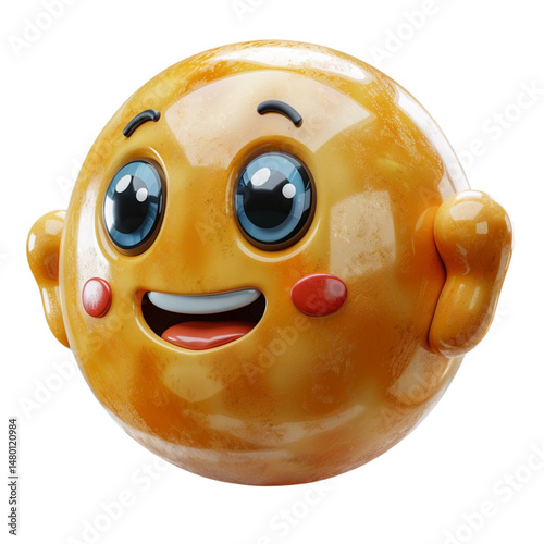 A smiling yellow face with blue eyes and a mouth that is open
