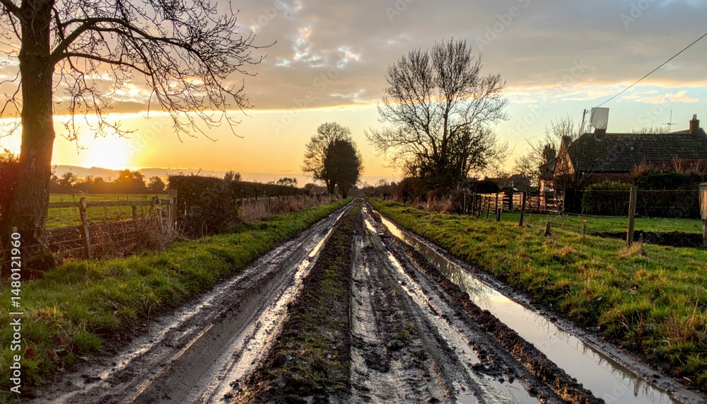 Fototapeta premium Serene Country Path with Muddy Tracks Beneath Golden Sunset Sky