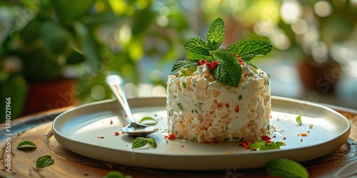 A serving plate with ricotta cheese and freshly cut mint branches and a spoon over a hazy setting exudes elegance, Generative AI.