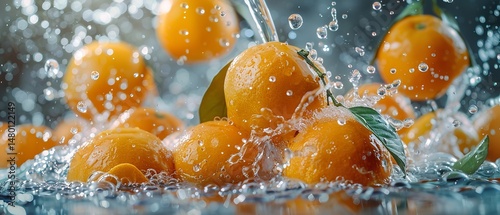 A glass of freshly squeezed orange juice being mixed along with juice splashes and chopped orange slices and ad space, Generative AI.