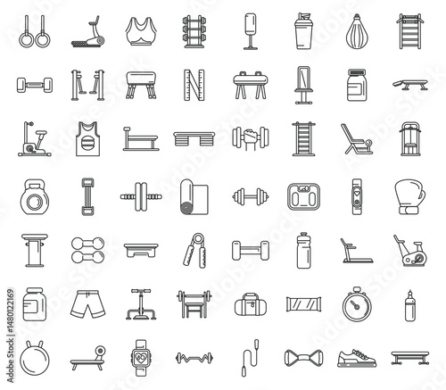 Fitness gym equipment outlined icons