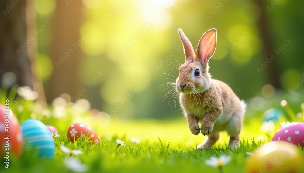 Fototapeta premium Happy Easter bunny hopping through a spring meadow, surrounded by colorful eggs , cheerful, eggs