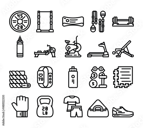 Gym equipment line icons arrangement
