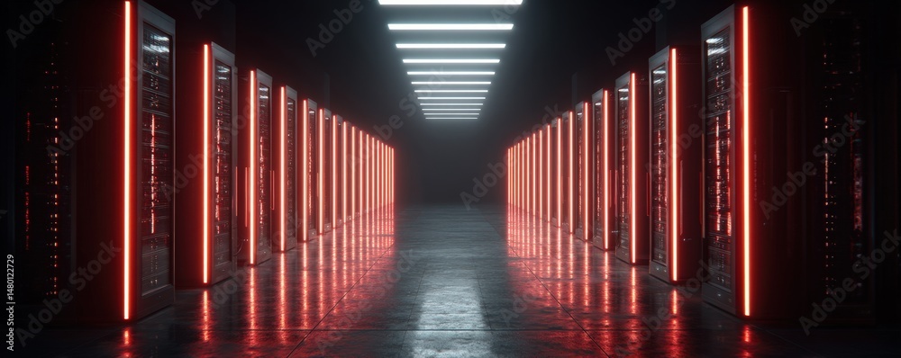 Naklejka premium A futuristic data center corridor with rows of illuminated server racks glowing red under bright ceiling lights.