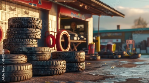 Old fashioned tires are staked in front of an auto repair enterprise, car repairing business motif, Generative AI.