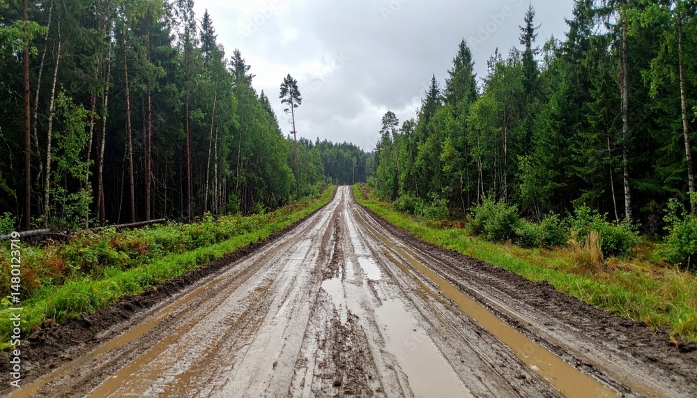 Fototapeta premium Muddy Road through Dense Forest with Trees and Overcast Sky