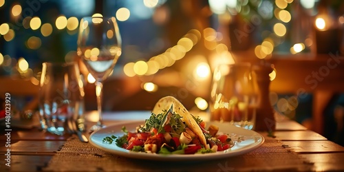 Neon lights at the rear of a cosy bistro with a scrumptious Mexican burrito and fresh vegetables toppings, Generative AI.