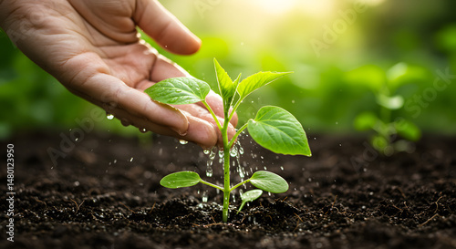 Hand Watering Young Plant Sprouting from Soil