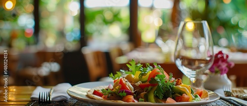 Neon lights at the rear of a cosy bistro with a scrumptious Mexican burrito and fresh vegetables toppings, Generative AI.