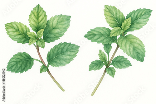 water color mint leaves illustration isolated on white background