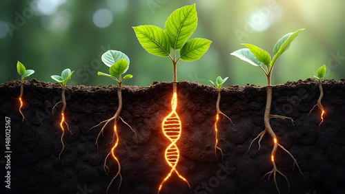 Cross-Section of Soil Showing Plant Roots Transforming into DNA Helixes with Glowing Genetic Sequences Interacting with Beneficial Soil Microorganisms