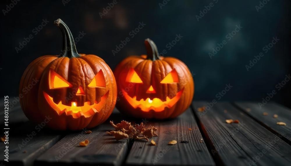 Fototapeta premium Spooky carved Halloween pumpkins on a rustic wooden surface, glowing with candlelight , october, fall