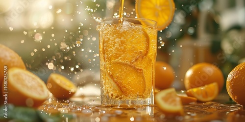 A glass of freshly squeezed orange juice being mixed along with juice splashes and chopped orange slices and ad space, Generative AI.