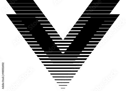 Striped letter V. pattern of black lines on a white background. Design element. Vector background. Logo. arrow