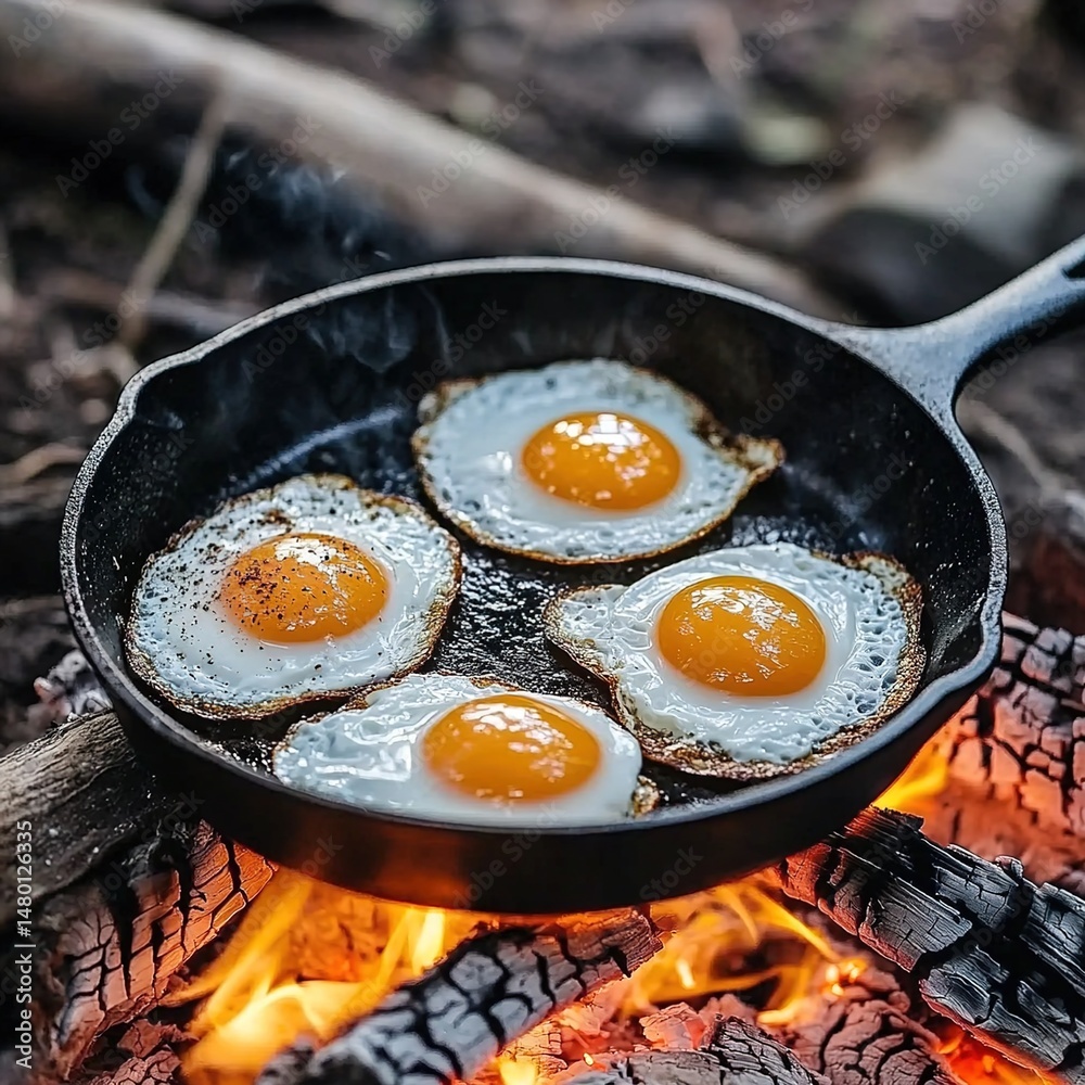 Fried Eggs Cooking Over a Campfire Fried Eggs Cooking Over a Campfire