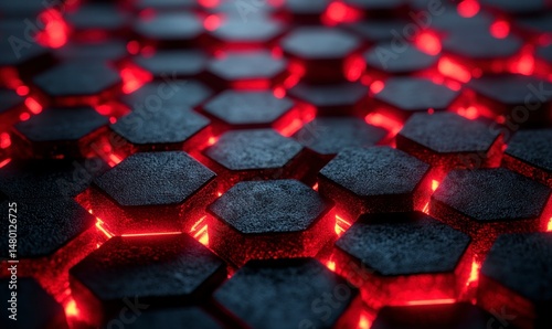 Abstract Hexagonal tiles glow with a red light
