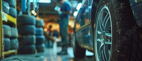 A car gets inspected by a technician in a auto repair centre and new tires are stacked on the shelf beside, Generative AI.
