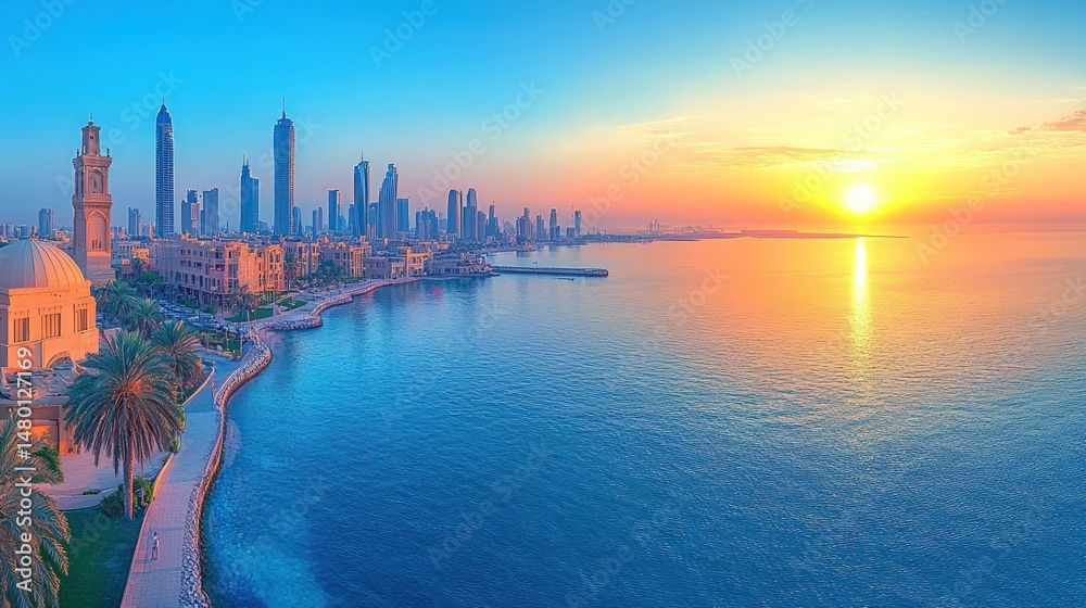 Fototapeta premium Sunrise over a city waterfront. A vibrant panorama of modern skyscrapers and historic architecture lining a tranquil coastline, bathed in the golden hues of sunrise