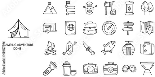 Camping simple concept 24 hand drawn icons set .Vector illustration.