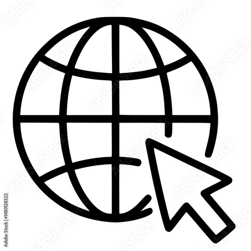 Minimal black line icon of globe with web cursor