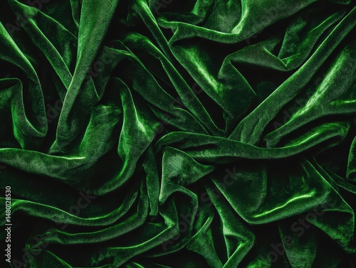 Richly textured green velvet fabric with soft, luxurious folds and a shimmering surface.
