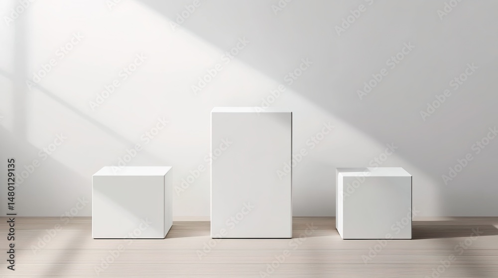 Fototapeta premium Three white geometric shapes on a wooden floor with shadows cast on a wall