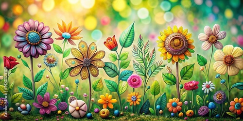 Miniature Floral Doodle Art Background: Tilt-Shift Nature Design