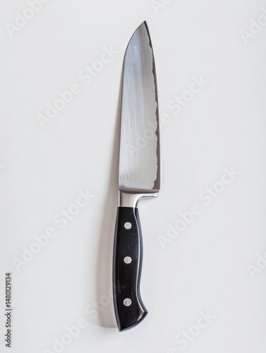 A sharp stainless steel kitchen knife, black ergonomic handle, isolated on a clean white background, overhead studio lighting, photorealistic, product photography 