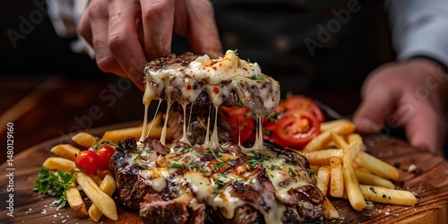 An experienced cook in an elegant restaurant presents a scrumptious beef steak on a wooden tray, Generative AI.