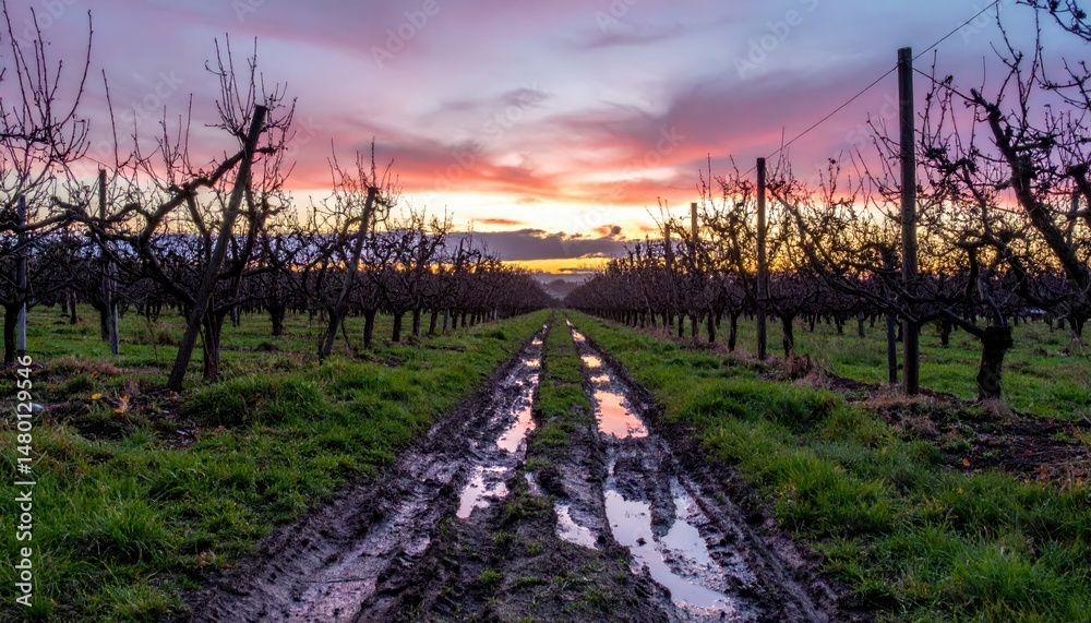 Naklejka premium Serene Sunset Over Orchard Path with Reflections in Muddy Soil