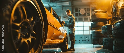 A car gets inspected by a technician in a auto repair centre and new tires are stacked on the shelf beside, Generative AI.