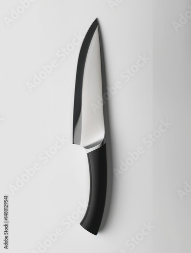 A sharp stainless steel kitchen knife, black ergonomic handle, isolated on a clean white background, overhead studio lighting, photorealistic, product photography 