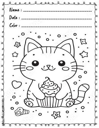 Cat Coloring Pages For Kid and adult.  
High resolution (300 DPI), 
Ready to print on standard 8.5x11 inch paper With No Bleed, 
Black and White. 
Vector illustration - AI, EPS, PNG, JPEG.