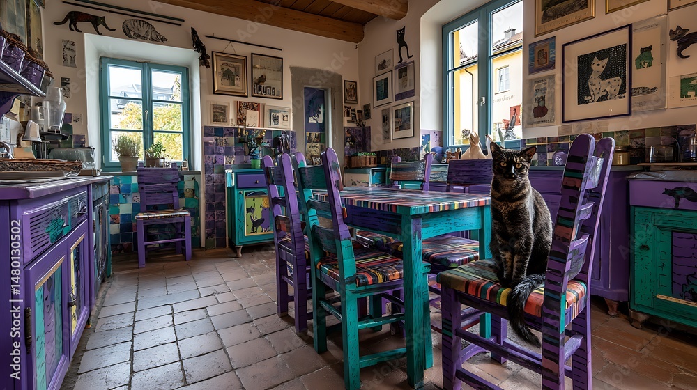 Fototapeta premium Colorful cat themed kitchen