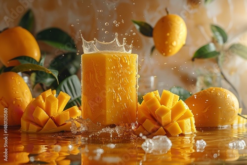 Commercial mock-up of a bottle or glass with refreshing mango smoothie and chopped mangoes, marketing design concept, Generative AI.