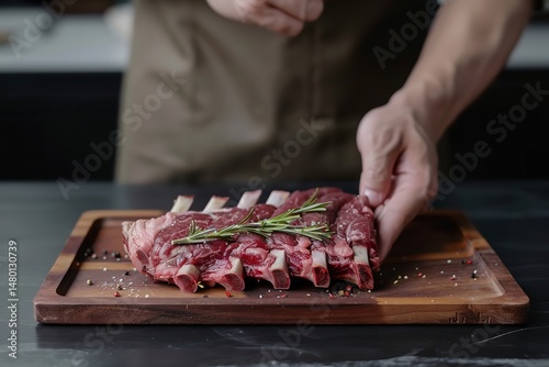 An experienced cook in an elegant restaurant presents a scrumptious beef steak on a wooden tray, Generative AI.