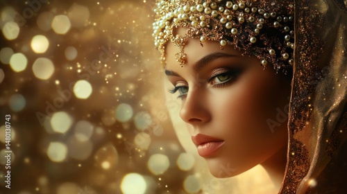 Golden Indian beauty, intricate headpiece