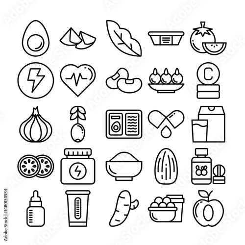 Health supplements and wholesome foods icons