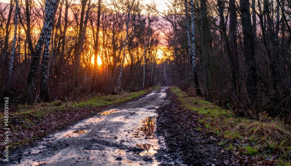 Fototapeta premium Serene Forest Path at Sunset with Reflections on Wet Ground