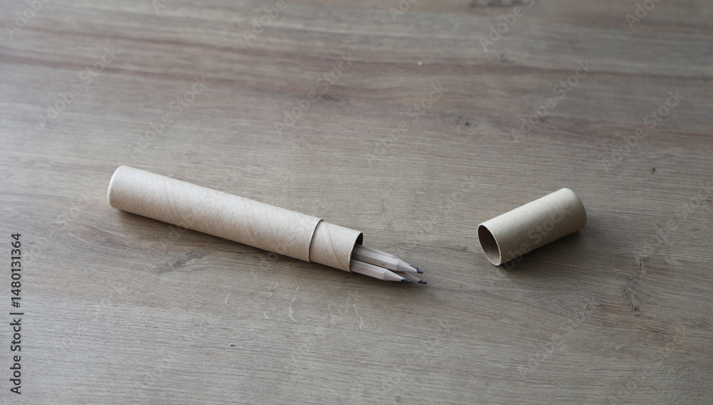 Naklejka premium Black graphite eco-friendly pencils in a cardboard case on a wooden table with copyspace