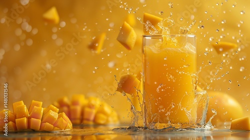 Commercial mock-up of a bottle or glass with refreshing mango smoothie and chopped mangoes, marketing design concept, Generative AI.