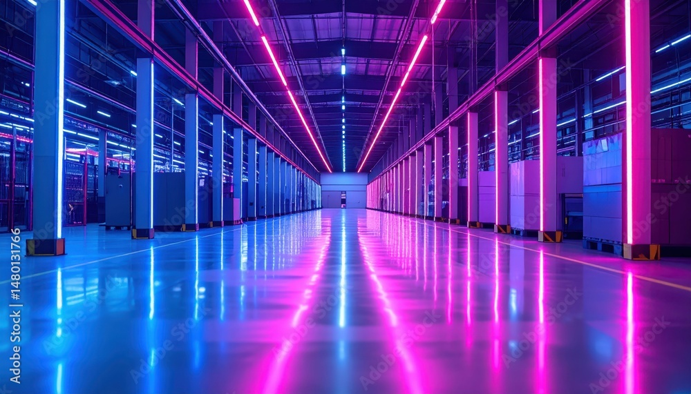 Fototapeta premium Luminous Warehouse Interior with Neon Lights and Reflections on Floor