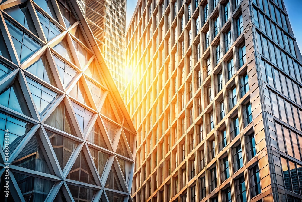 Fototapeta premium Minimalist Geometric Skyscraper Facade, Modern Architecture Background