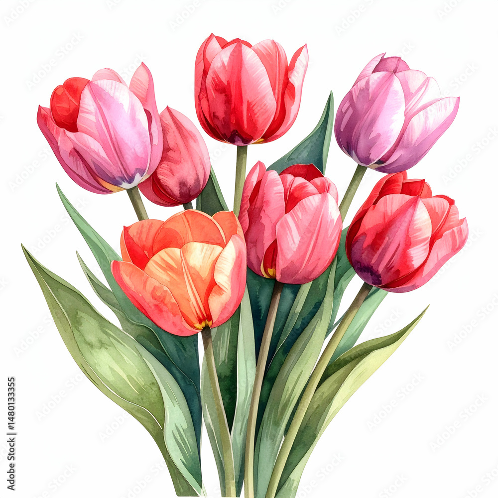 custom made wallpaper toronto digitalVibrant Tulip Bouquet: A watercolor painting of a cheerful bouquet of tulips in varying shades of pink, red, and orange, showcasing their delicate petals and lush green leaves.