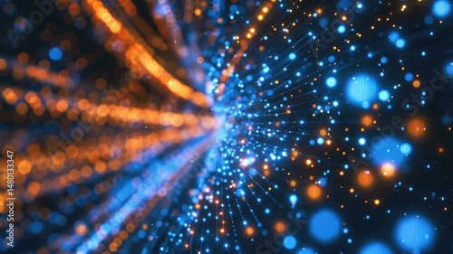 Abstract picture of digital particle with digital technology style design connecting become dynamic of electric wave movement represent about flowing of data or structure of network system. AIG53. photo